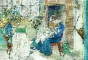 Carl Larsson, syende jantor-flickor som sy vid fonstret